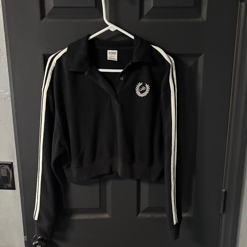 PINK Victoria's Secret Black Cropped Polo Sweatshirt with White Stripes - Picture 5 of 5